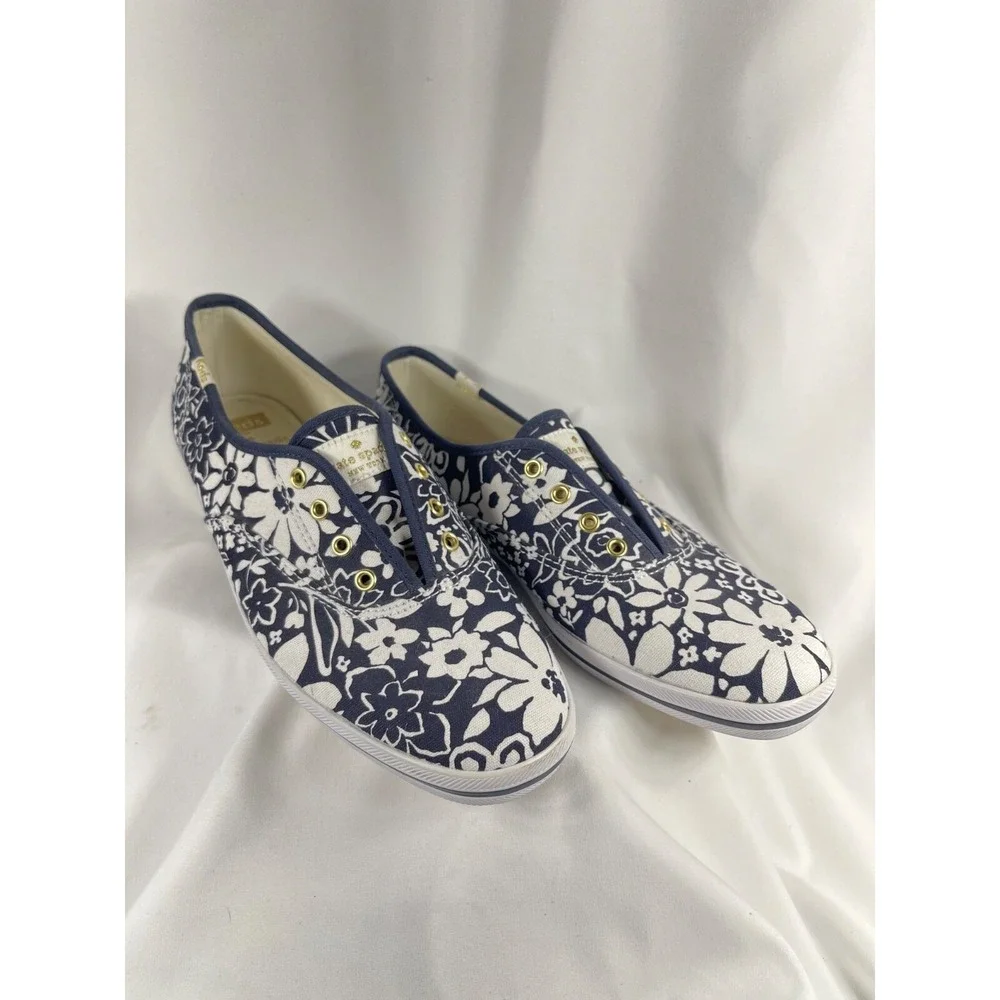 Kate Spade Women's SZ 8.5 Keds White Floral Navy Slip On Spring Summer Casual